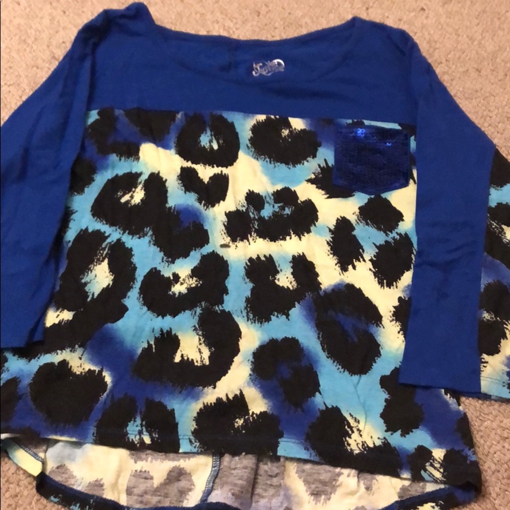 Blue cheetah print 3/4 sleeve sequins pocket shirt